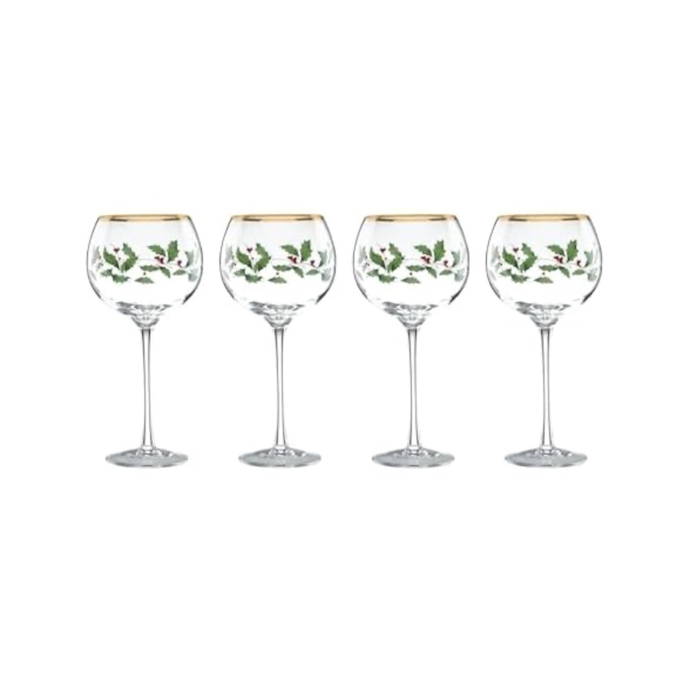 NIB Lenox Holidays Gold-Trimmed Holly Wine Glass Set of 4